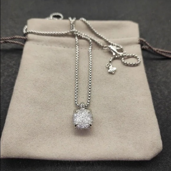 David Yurman 925 Silver Pave Diamond Cushion Necklace with Original Pouch - Picture 3 of 4